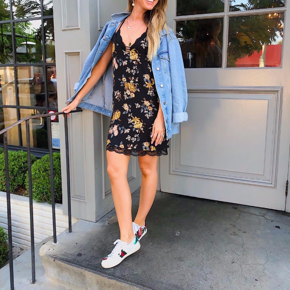 Black Floral Slip Dress with Lace Bottom